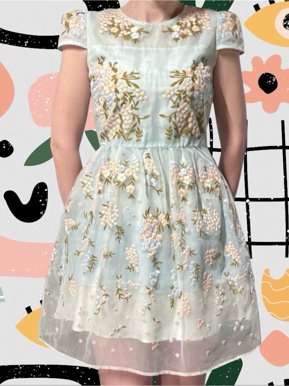 Chicwish | Floral Embroidered Light Blue Tulle Mini Dress with Cap Sleeves